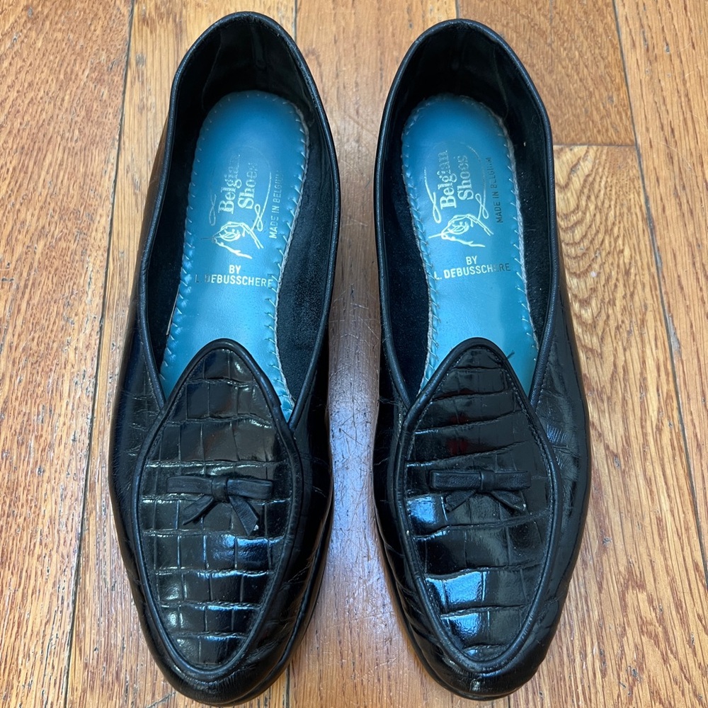 SOLD - Black Croco Women's Belgian Loafers Shoes 6.5N